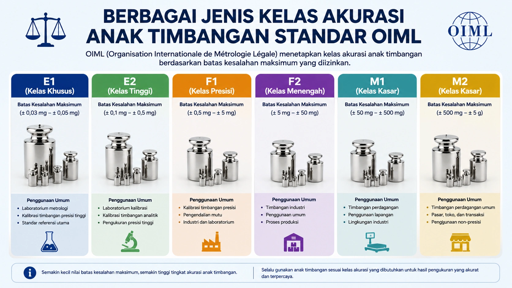Berbagai jenis kelas akurasi anak timbangan standar OIML