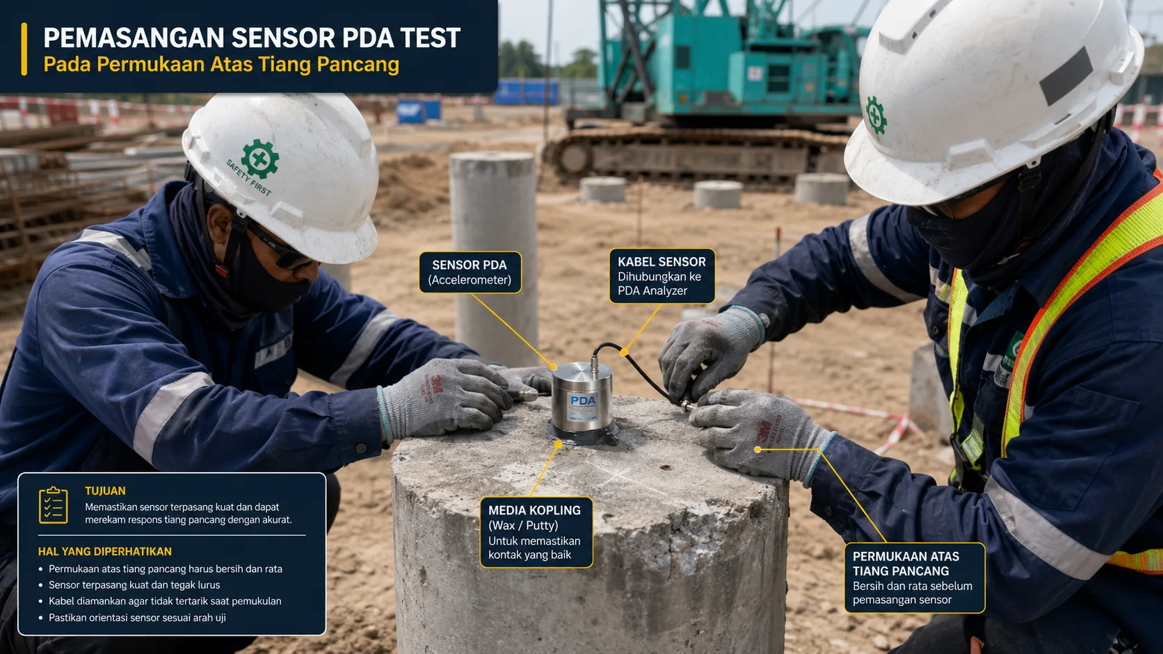 Pemasangan sensor PDA Test pada permukaan atas tiang pancang