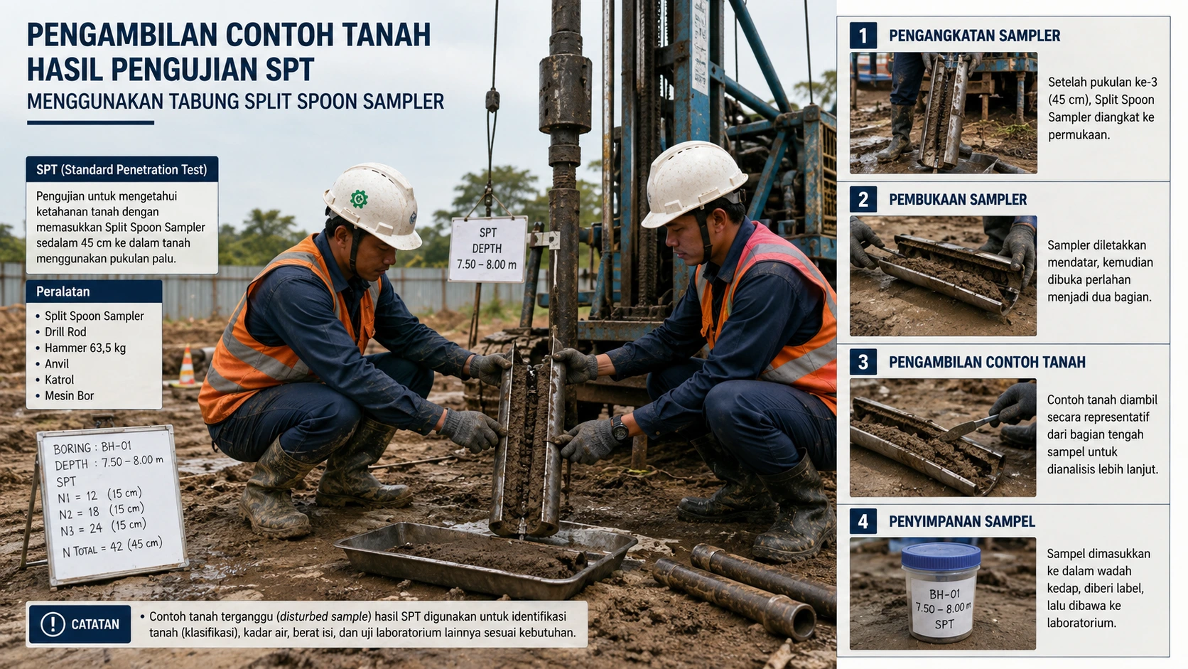 Pengambilan contoh tanah hasil pengujian SPT menggunakan tabung split spoon sampler