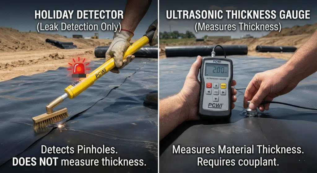 Penggunaan alat holiday detector untuk mendeteksi kebocoran pada sambungan geomembrane HDPE