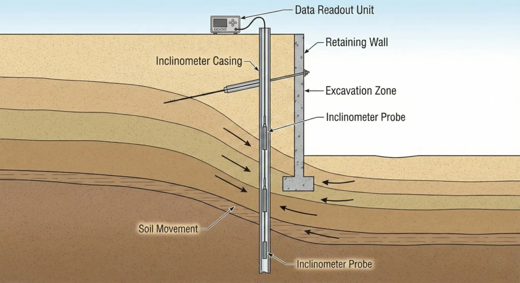Ilustrasi pemasangan pipa inclinometer untuk monitoring pergerakan tanah