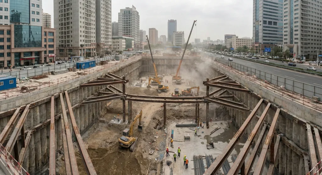 Proyek galian dalam deep excavation dengan dinding penahan tanah retaining wall