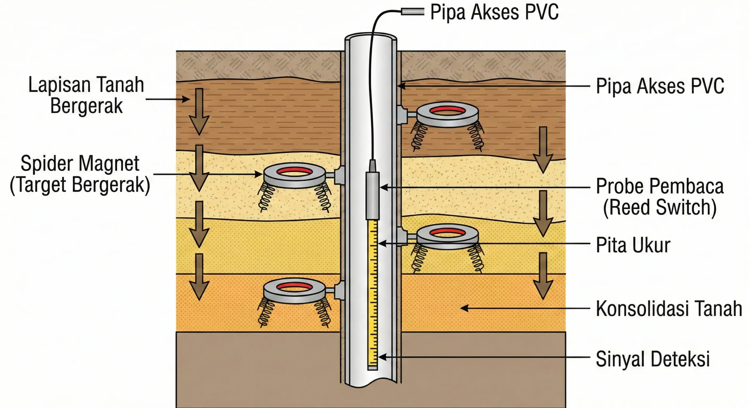 Ilustrasi cara kerja magnetic spider extensometer pada pondasi gedung tinggi