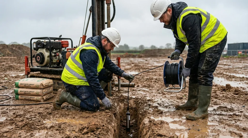 Dua teknisi geoteknik sedang melakukan instalasi piezometer ke dalam lubang bor di lokasi proyek konstruksi.