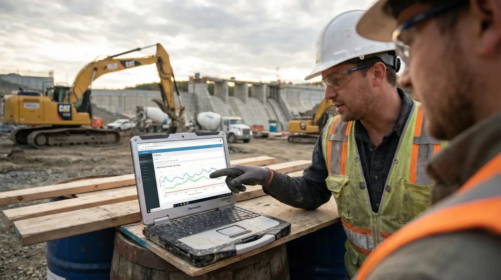 Insinyur sipil menganalisis grafik data tekanan air tanah dari piezometer pada layar laptop di lapangan.
