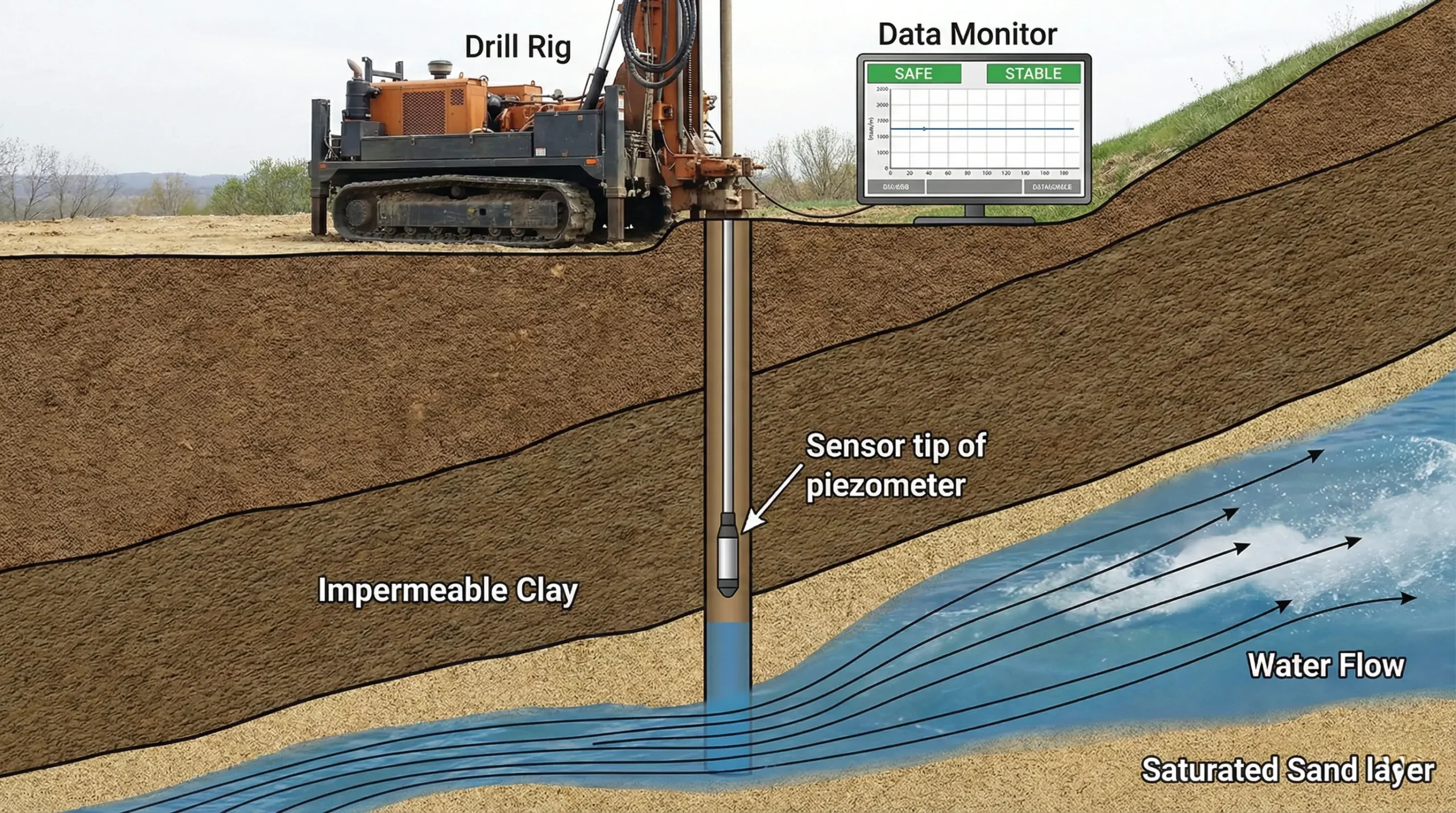 Ilustrasi penempatan piezometer untuk memantau fluktuasi air tanah