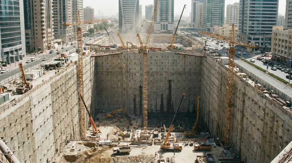 Lokasi proyek konstruksi galian dalam (deep excavation) yang menggunakan sistem instrumen pemantauan stabilitas tanah.