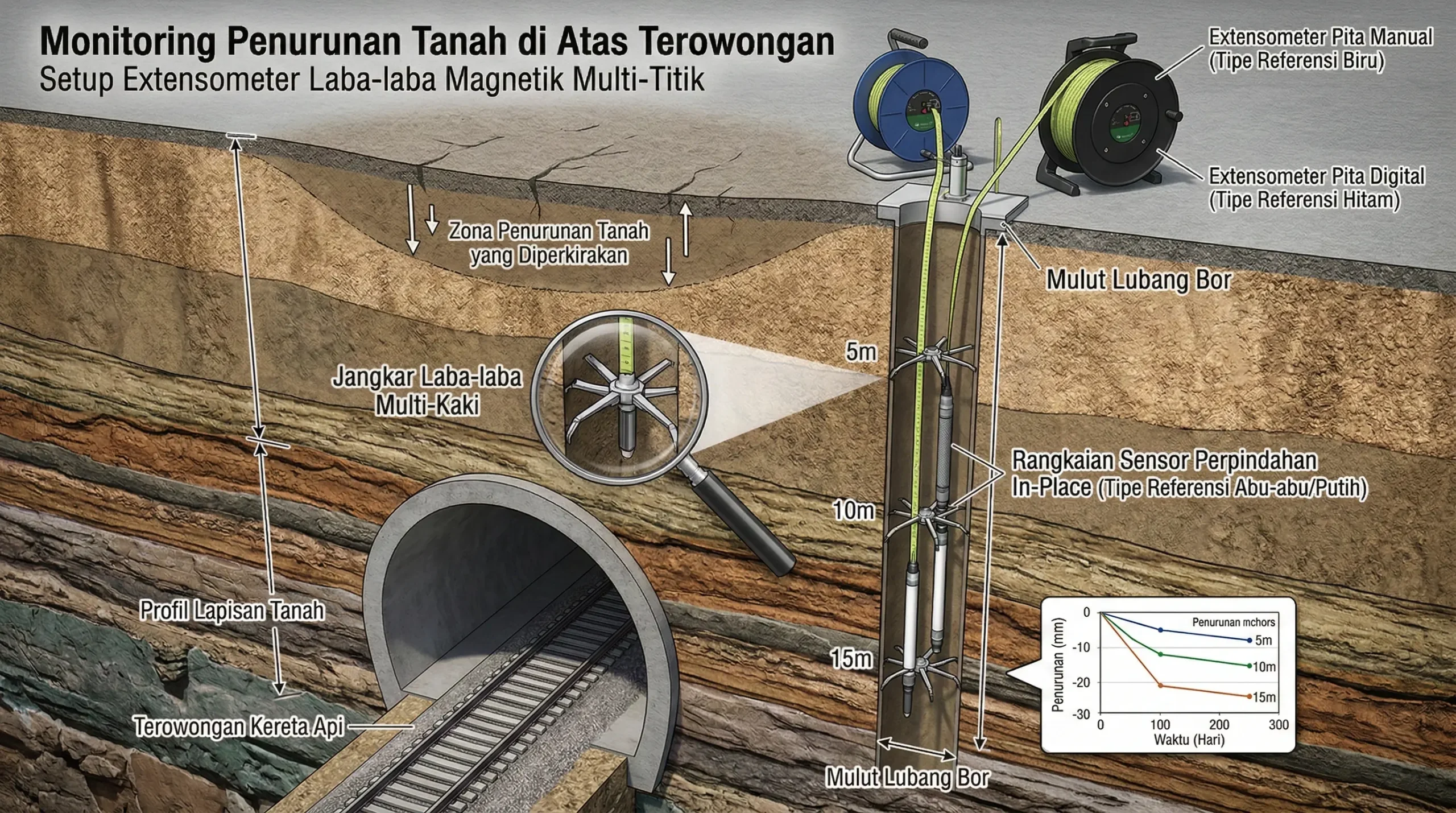 Monitoring penurunan tanah di atas terowongan menggunakan magnetic spider extensometer