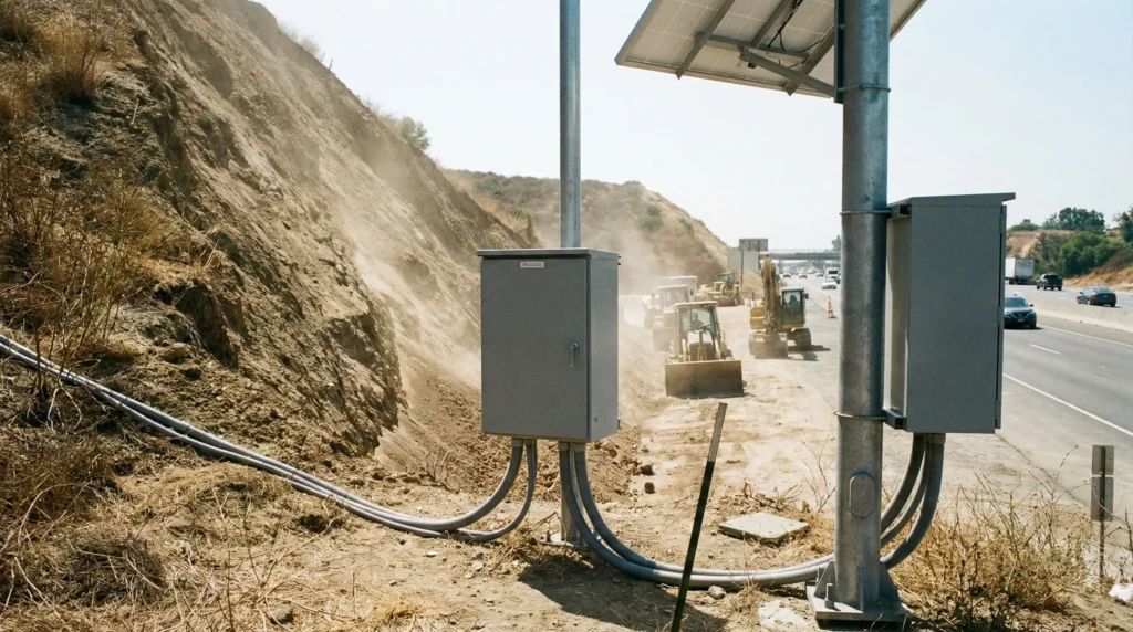 Perangkat data logger otomatis dengan panel surya dan pelindung cuaca untuk sistem monitoring geoteknik real-time.