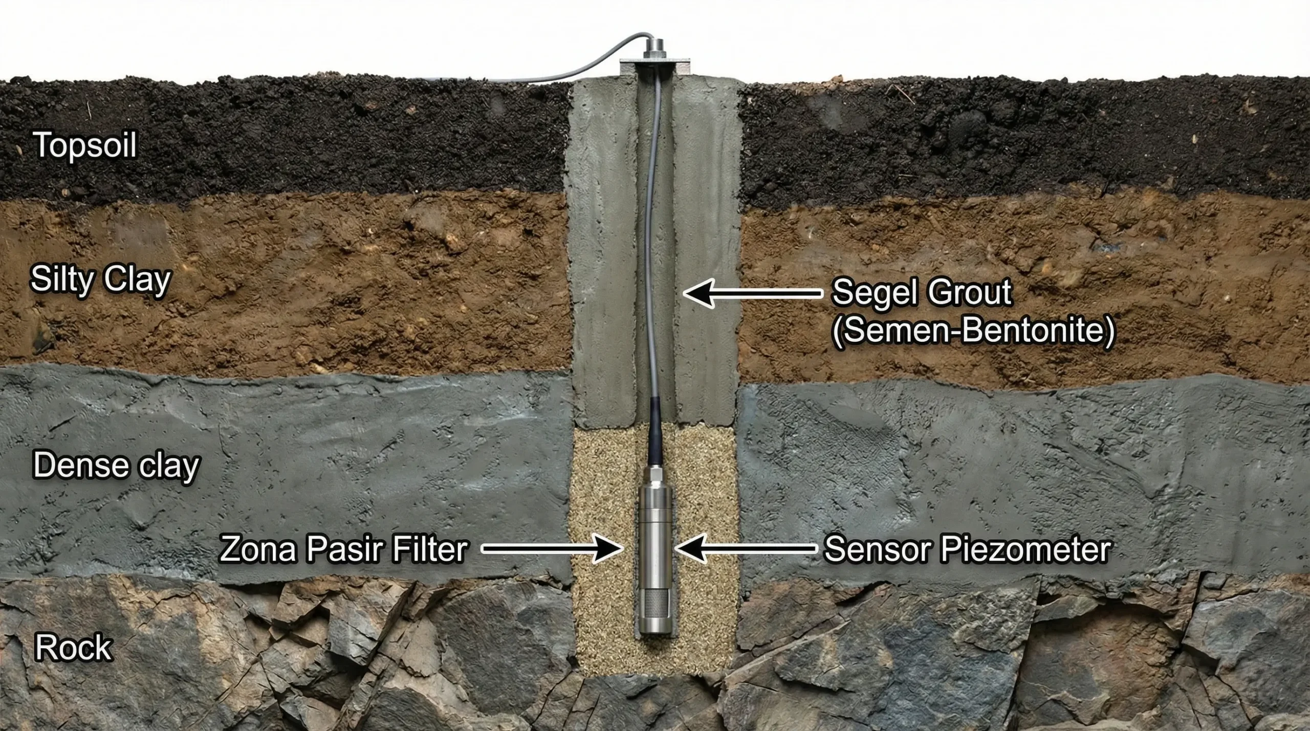 Posisi ideal sensor yang dikelilingi pasir filter dan disegel dengan campuran bentonite.