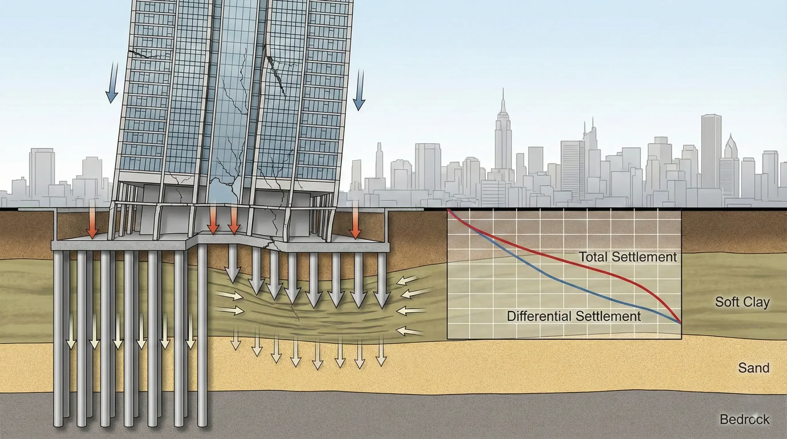 Ilustrasi pergerakan dan penurunan pondasi gedung tinggi