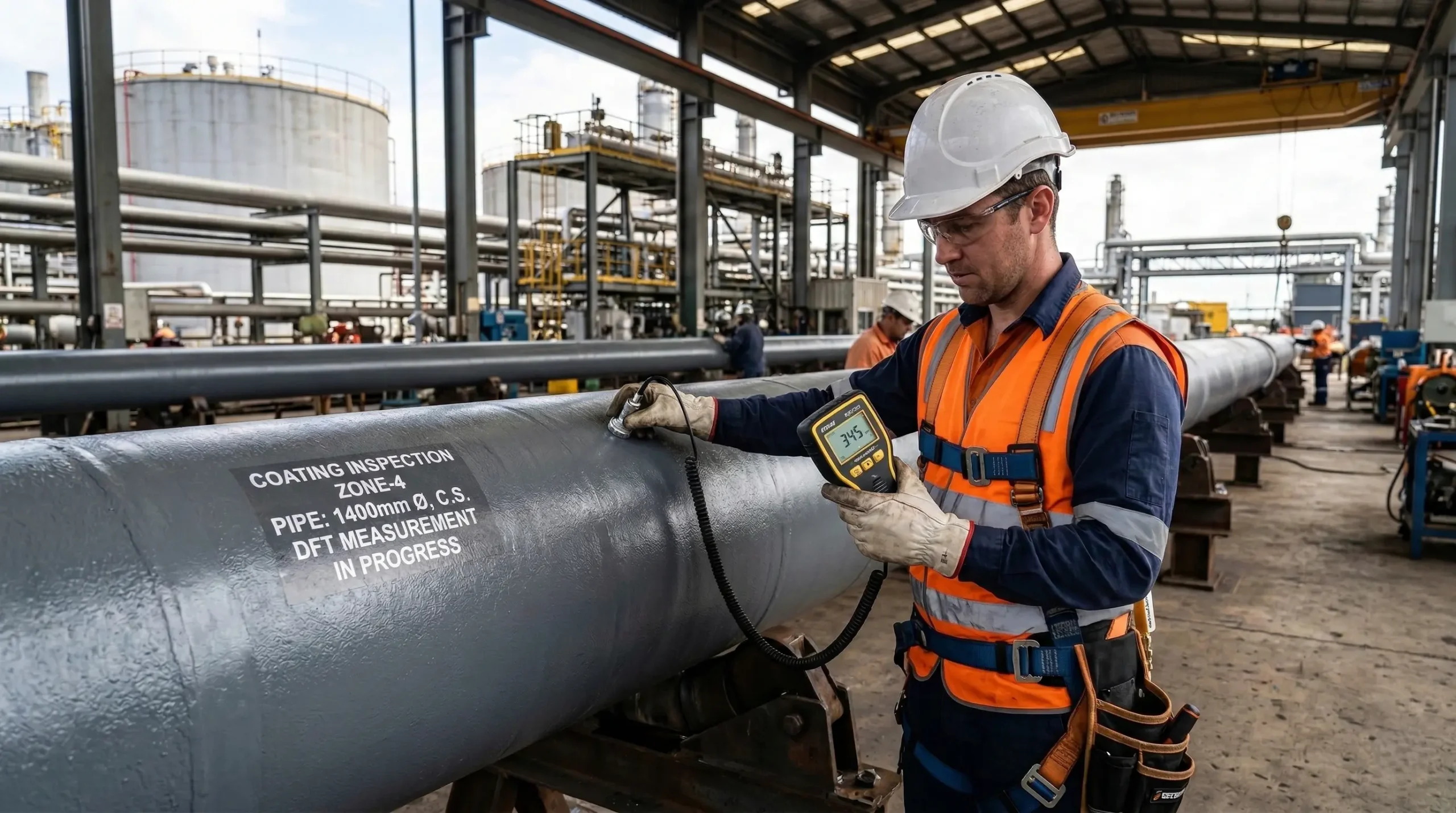 Proses pengujian dengan alat inspeksi PCWI Holiday Detector pada coating pipa industri