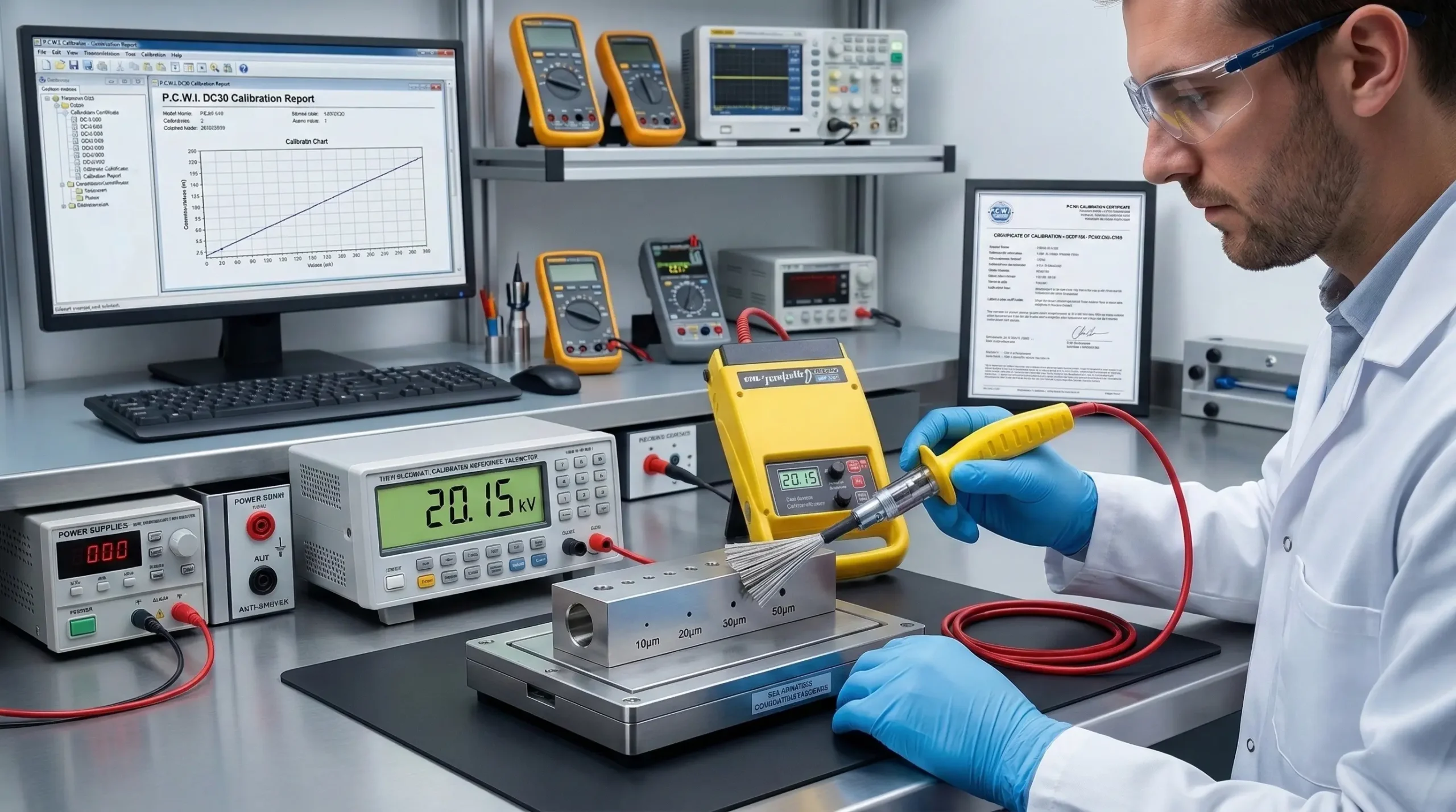 Proses kalibrasi perangkat NDT dan alat inspeksi PCWI Porosity Detector di laboratorium