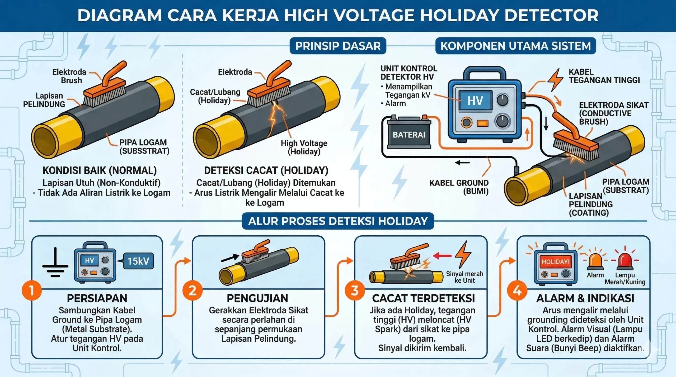 Diagram cara kerja high voltage holiday detector