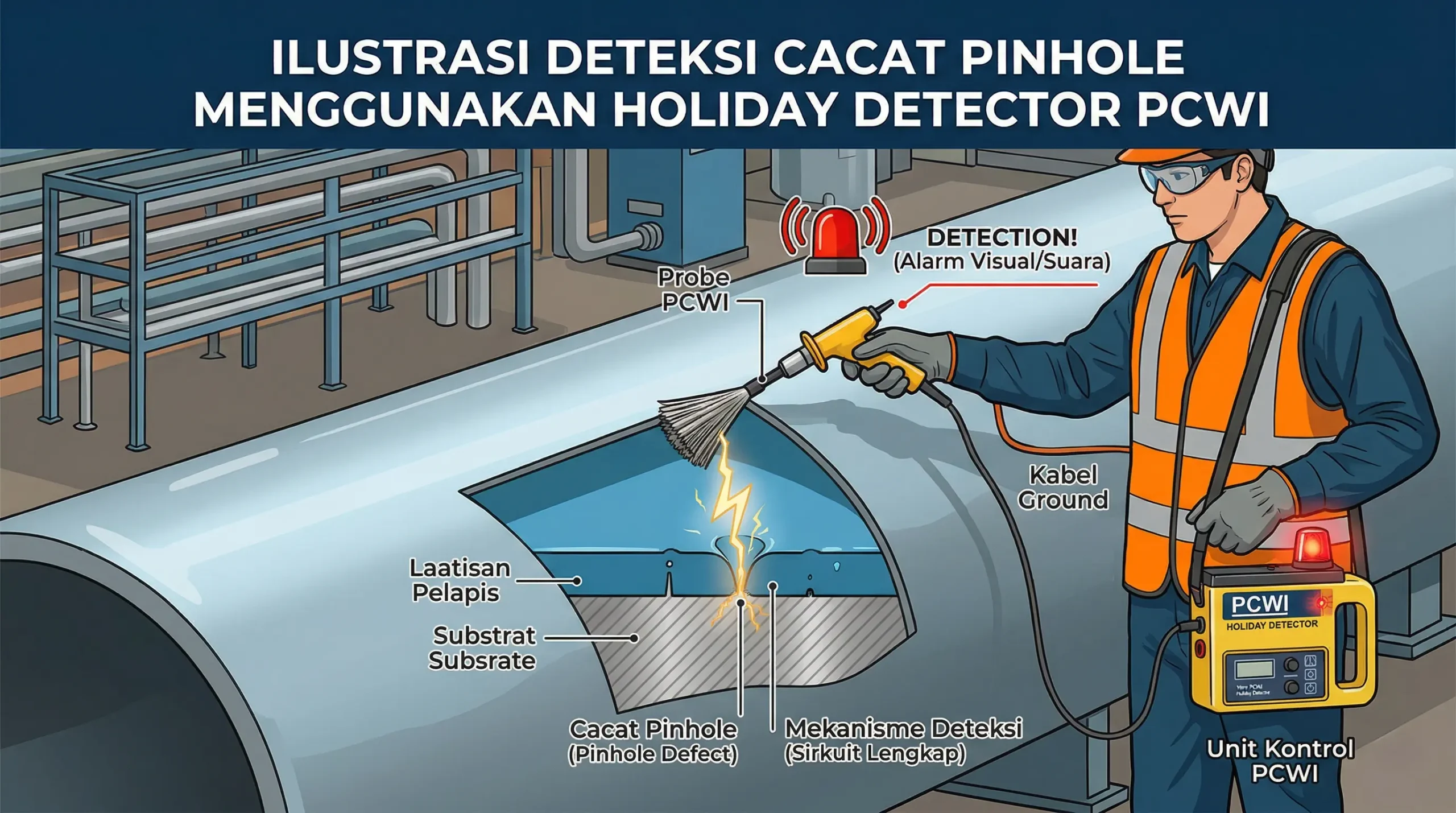 Ilustrasi cacat Pinhole yang dideteksi Holiday Detector PCWI