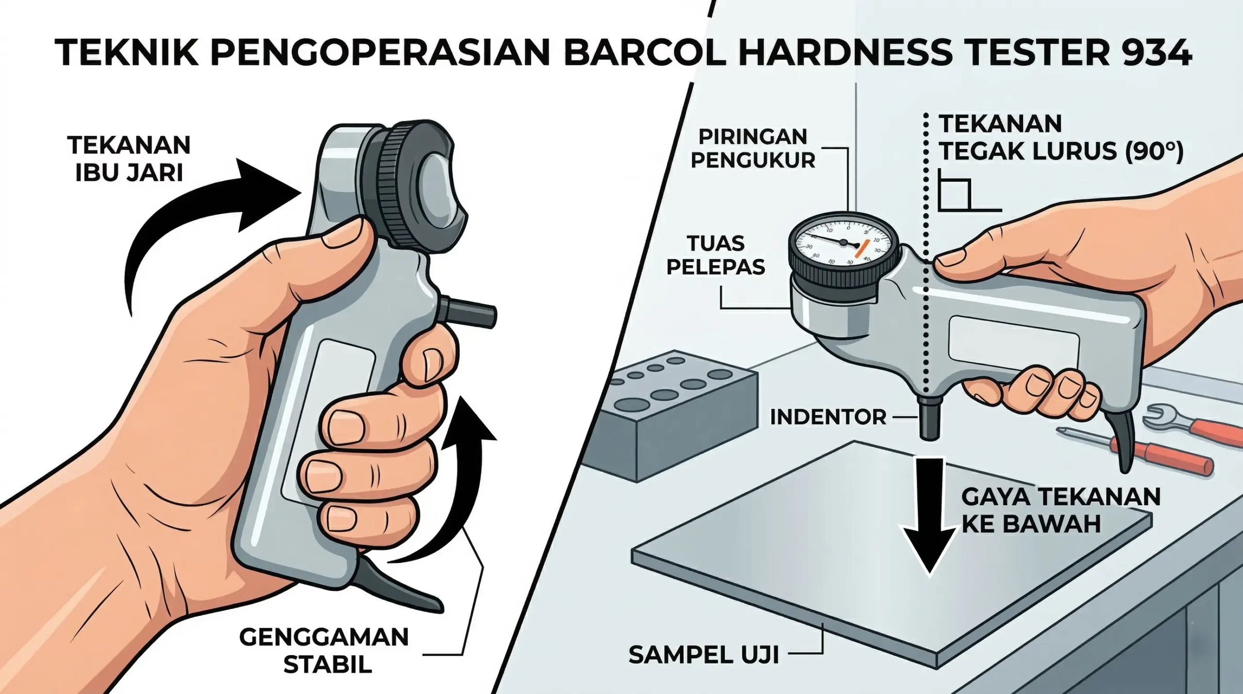 Ilustrasi Langkah Menggunakan PCWI Barcol Hardness Tester 934-1
