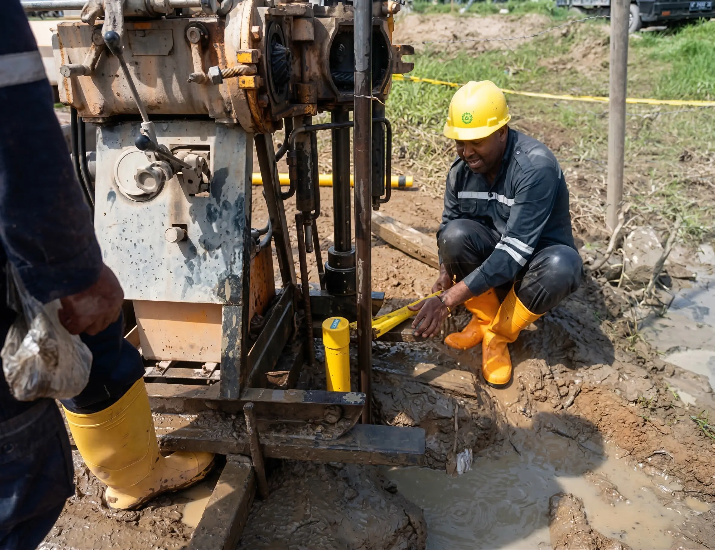 Proses pemasangan casing inclinometer di area berlumpur Pelabuhan Bunyut Kutai