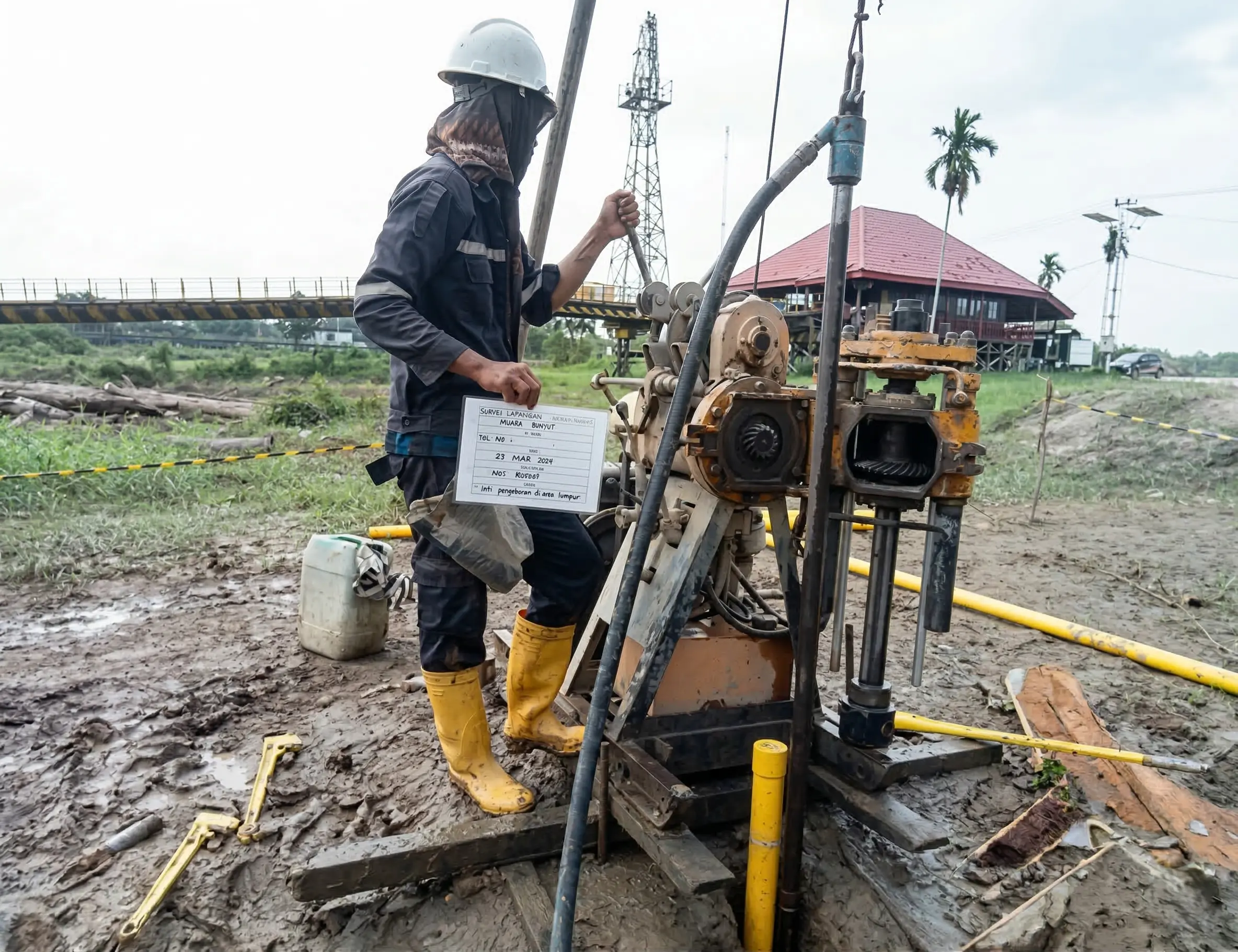 Pekerja mempersiapkan mesin bor untuk instalasi inclinometer ITRM di Pelabuhan Bunyut