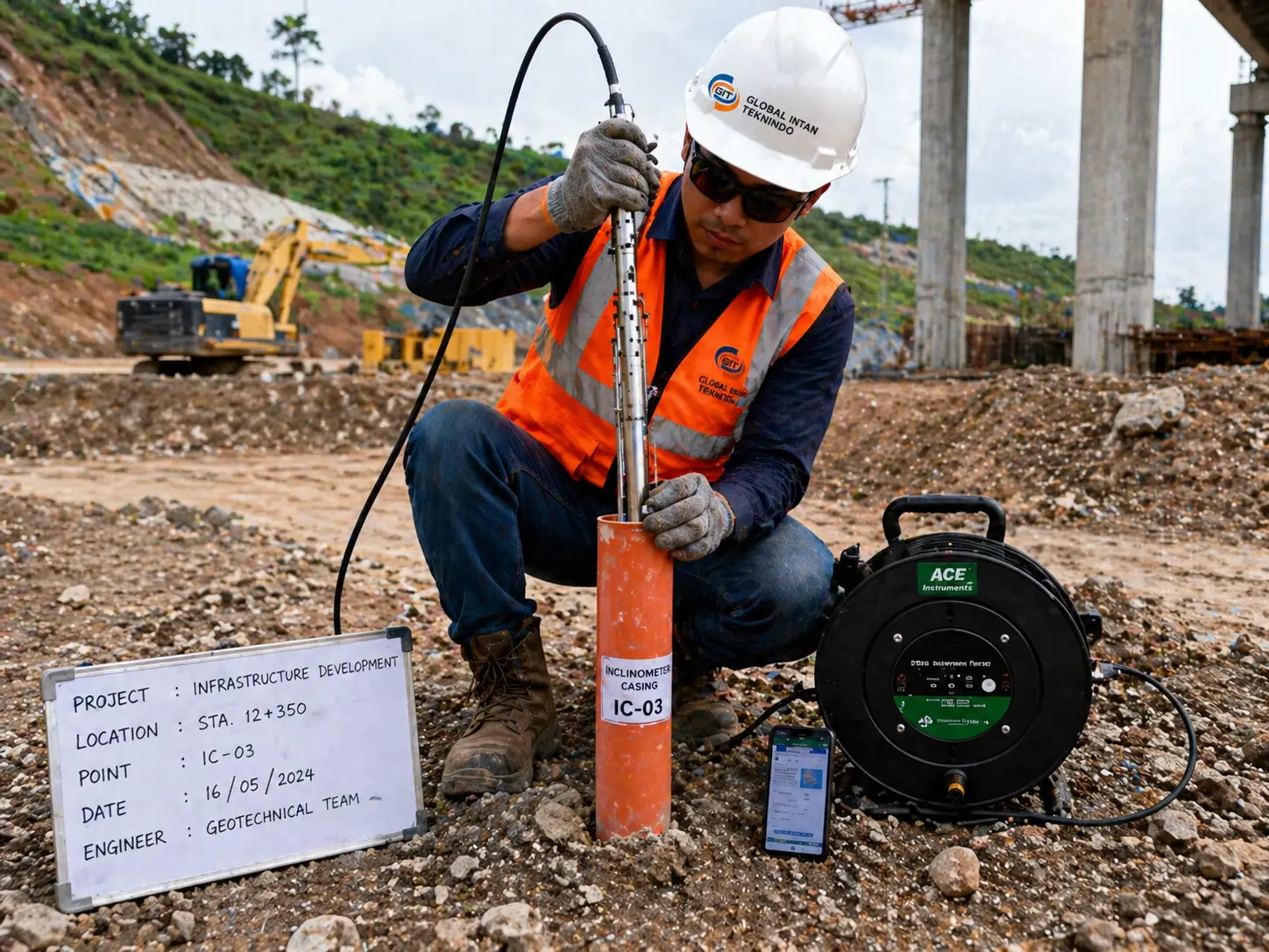 Dokumentasi teknikal dari engineer geoteknik yang sedang memasukkan probe ke dalam pipa casing inclinometer di area konstruksi terbuka