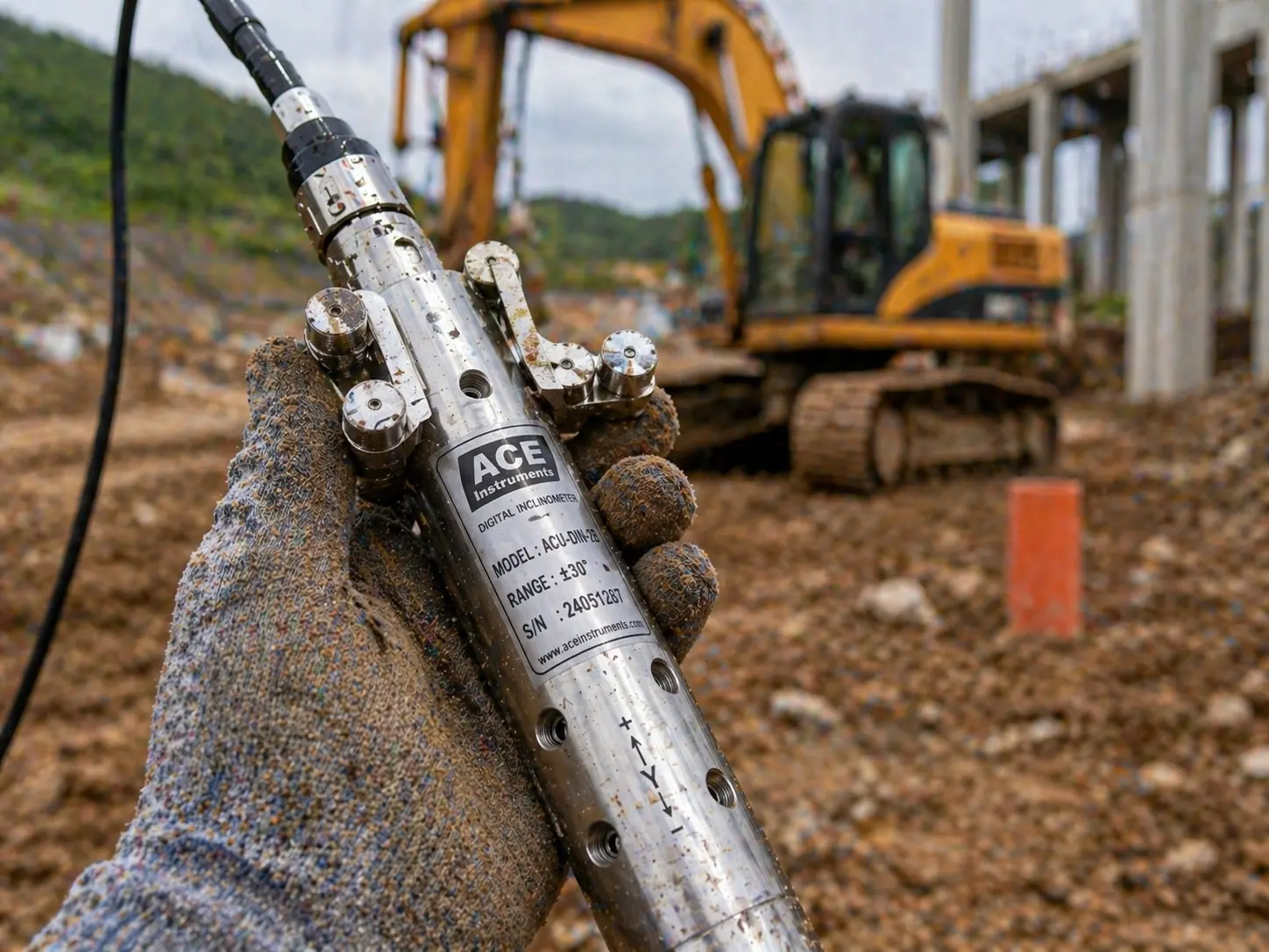 Foto close up komponen probe stainless steel digital inclinometer di lapangan konstruksi dengan latar belakang peralatan berat