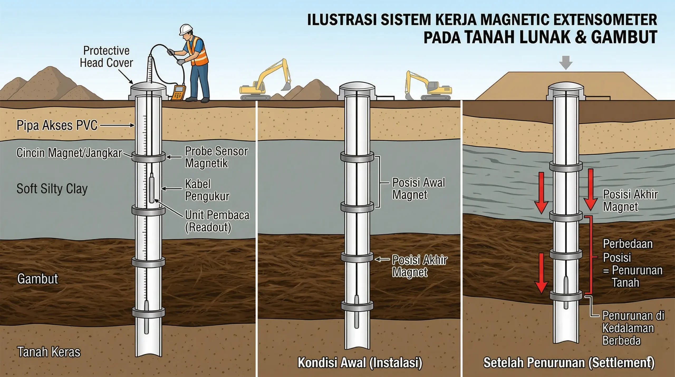 Ilustrasi sistem kerja Magnetic Extensometer pada tanah lunak dan gambut