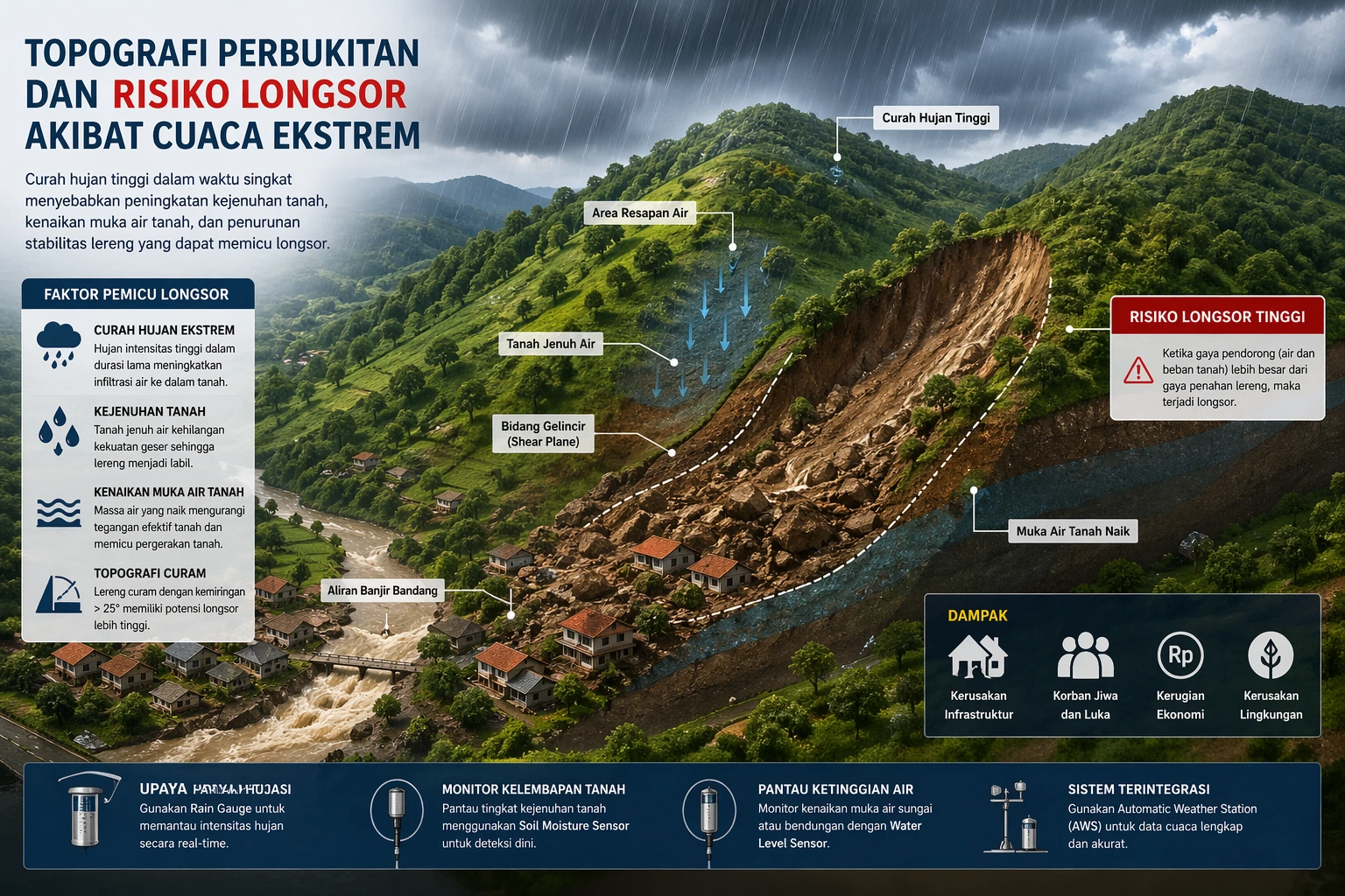 Ilustrasi topografi perbukitan tanpa sistem monitoring bencana akibat cuaca ekstrem