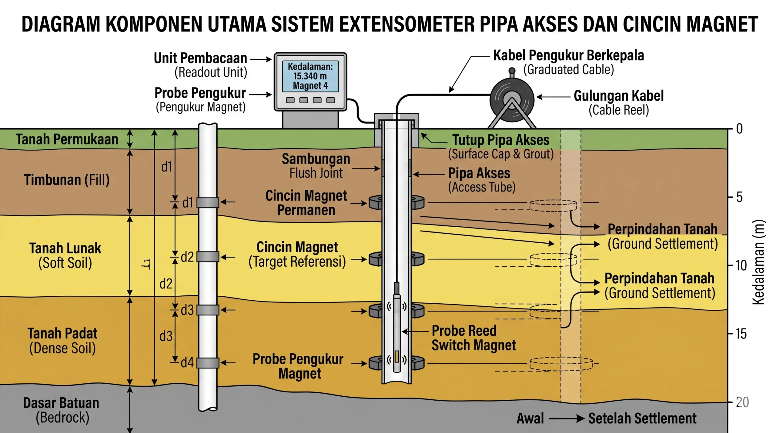 Komponen utama sistem extensometer pipa akses dan cincin magnet