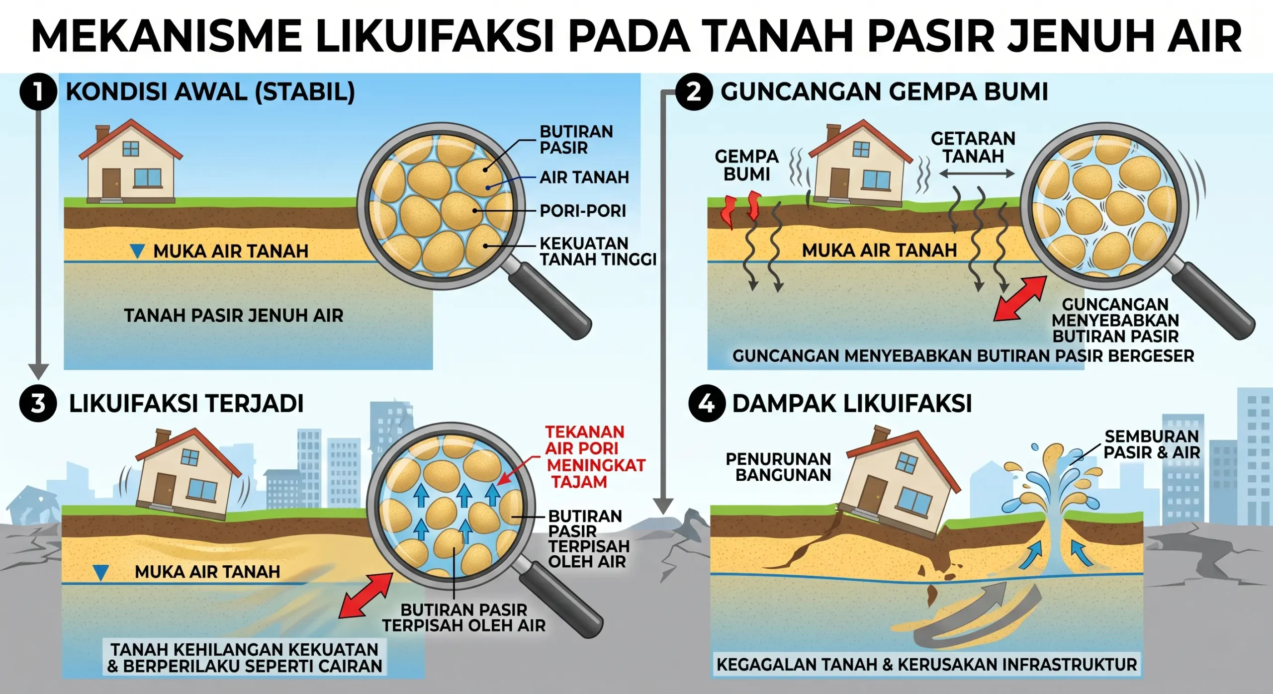 Ilustrasi Mekanisme Likuifaksi pada Tanah Pasir Jenuh Air