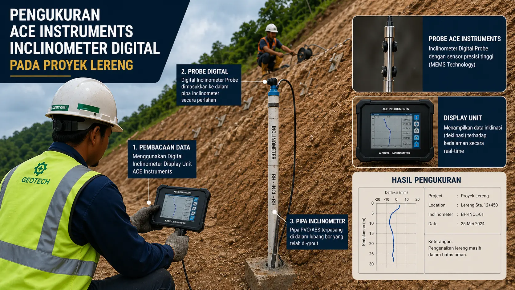 Pengukuran dan Monitoring Longsor Inclinometer Digital pada Proyek Lereng