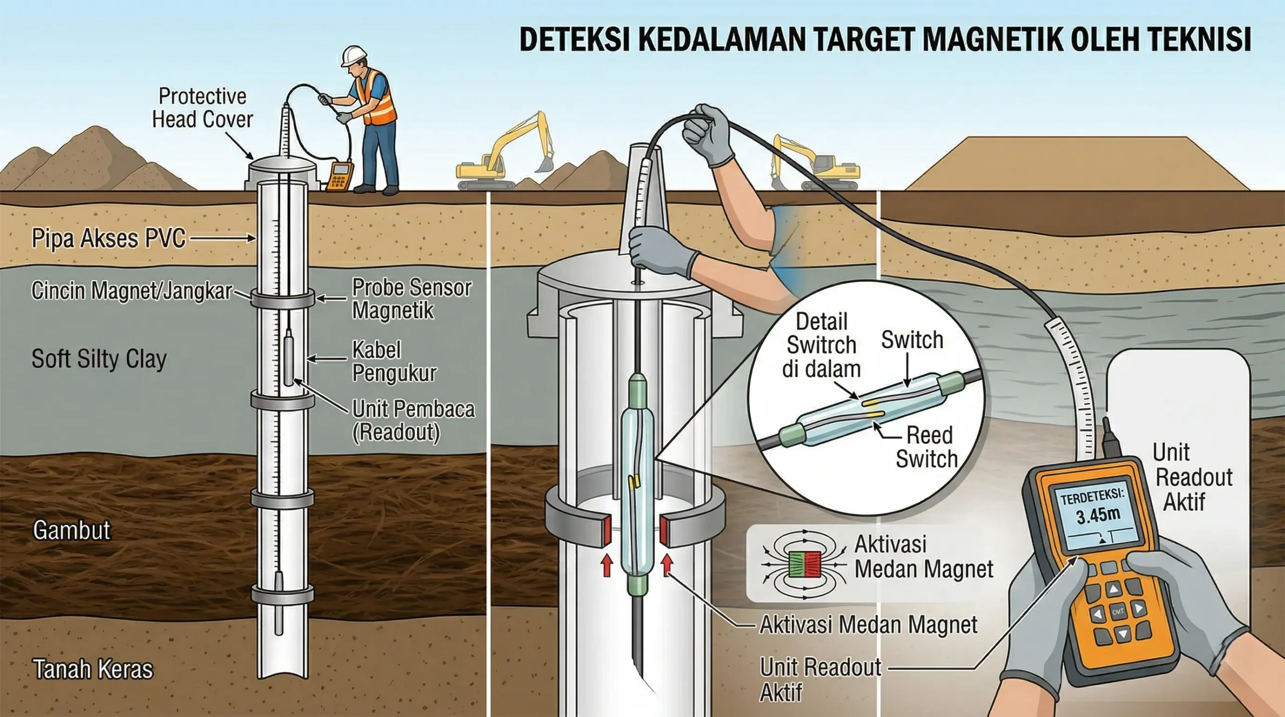 Proses pembacaan data Extensometer menggunakan Probe oleh operator geoteknik