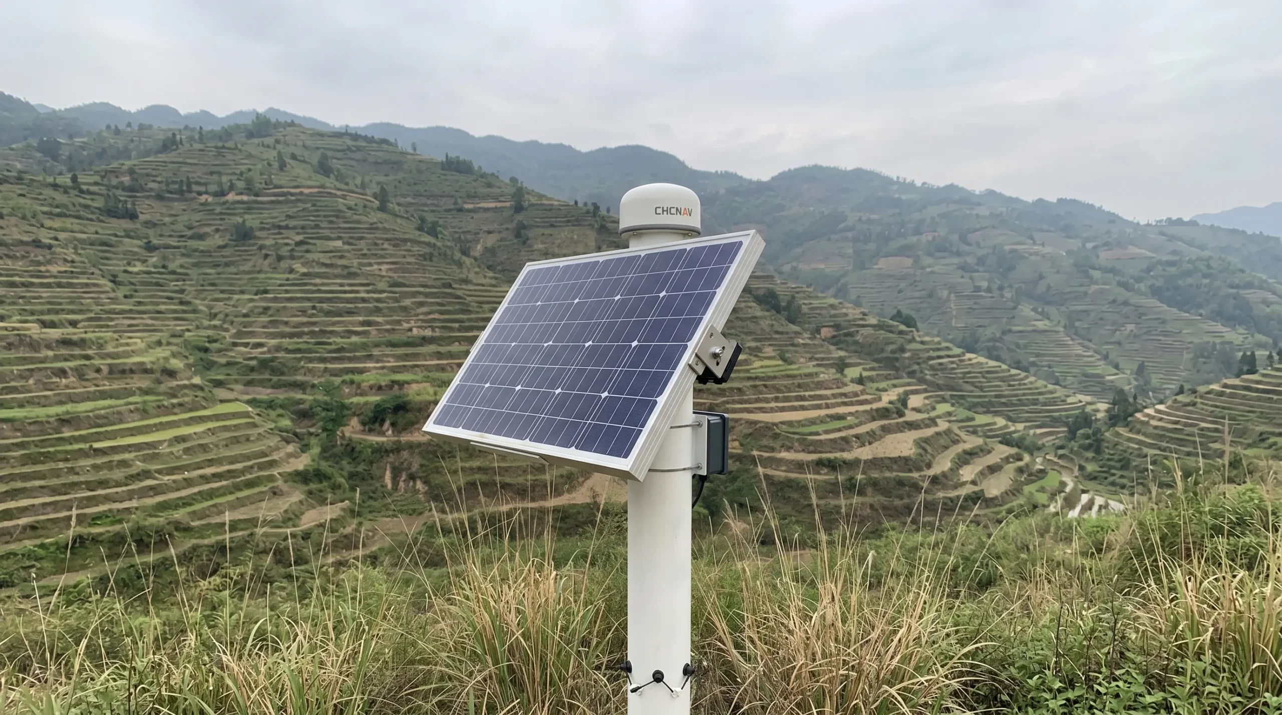 Surveyor menggunakan alat pemetaan CHCNAV di lapangan konstruksi