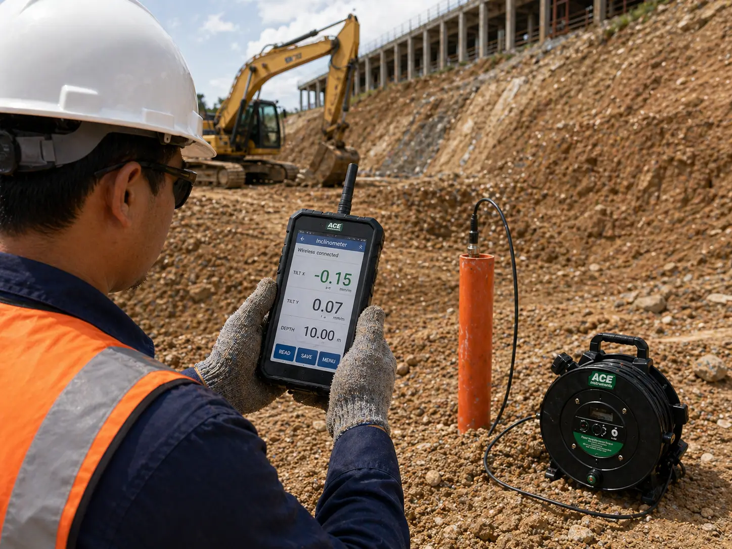 Teknisi lapangan memegang perangkat unit pembacaan nirkabel saat merekam data inclinometer dengan latar galian tanah