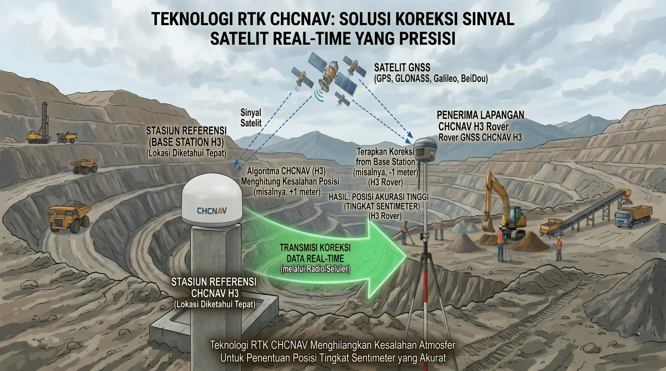 Ilustrasi cara kerja satelit GNSS dan teknologi RTK