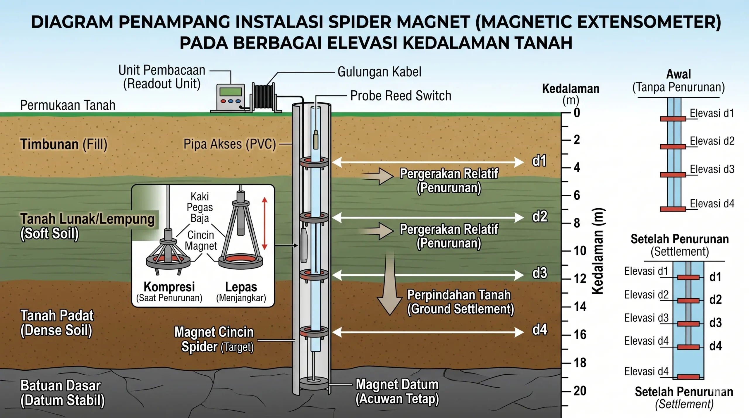 Ilustrasi penampang instalasi magnet di berbagai kedalaman tanah lunak