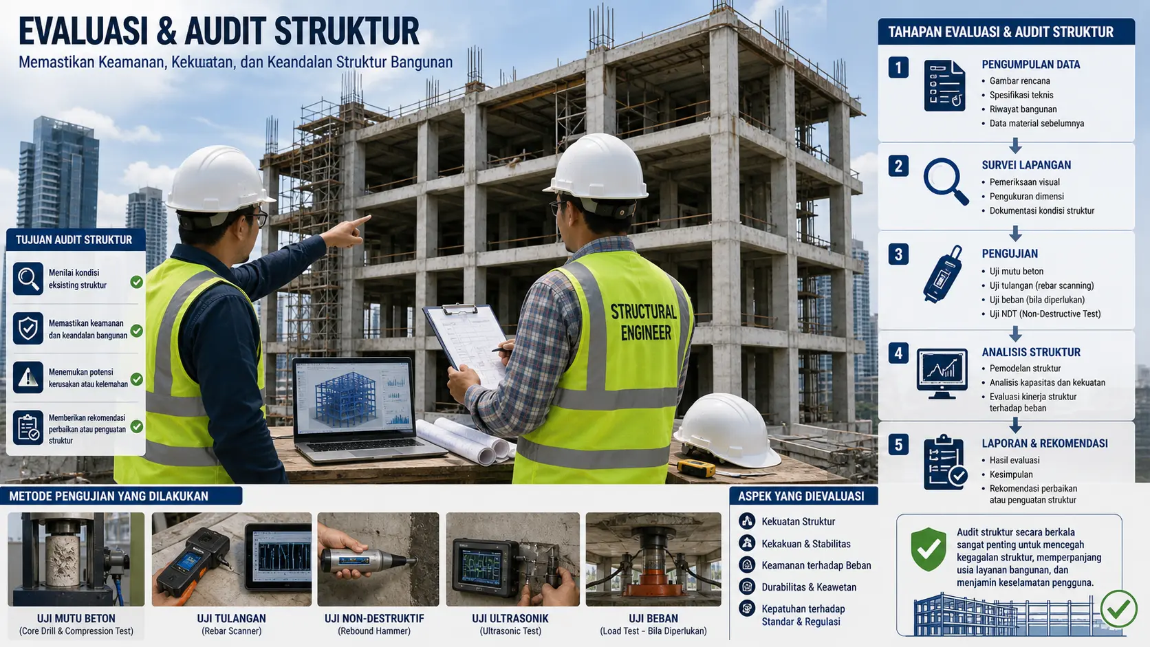 Insinyur sedang melakukan evaluasi dan audit struktur pada bangunan