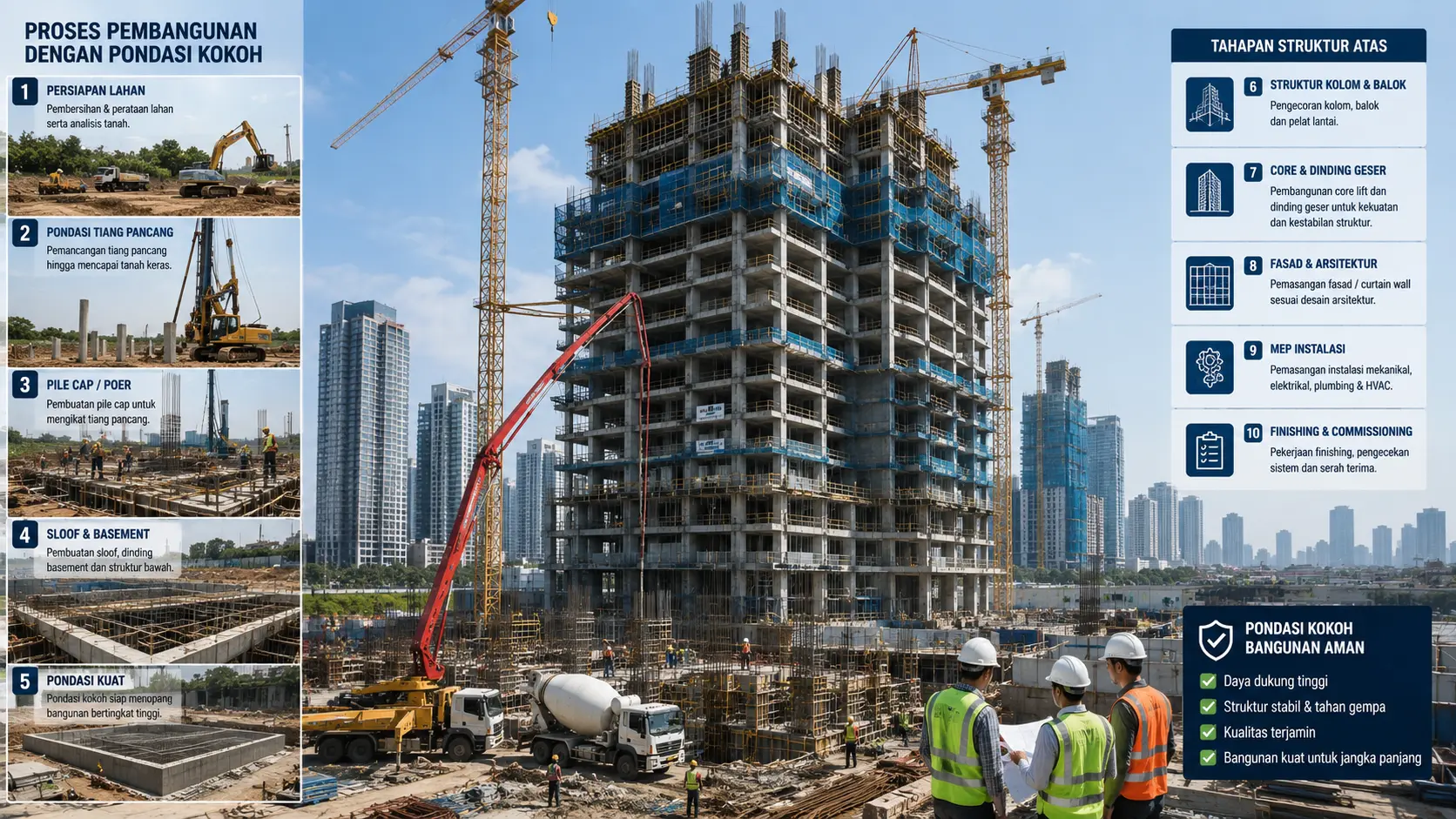 Proses pembangunan konstruksi gedung bertingkat tinggi dengan pondasi kokoh