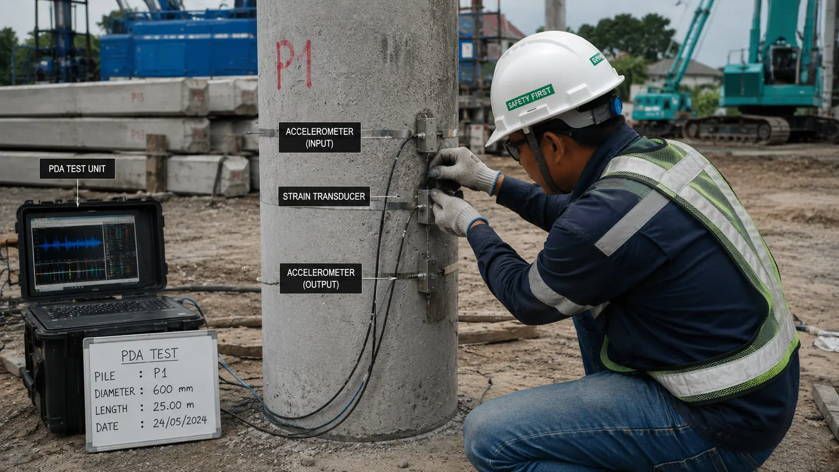 Insinyur sedang memasang sensor PDA Test pengujian pile di lapangan
