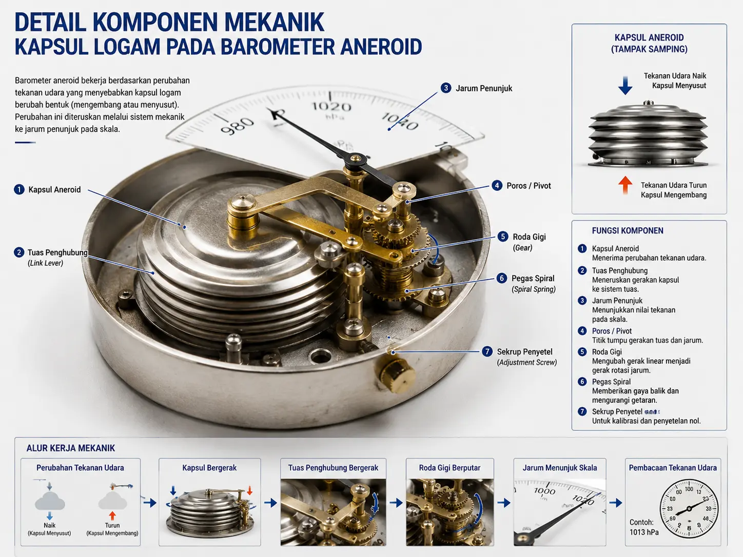 Detail komponen mekanik kapsul logam pada barometer aneroid