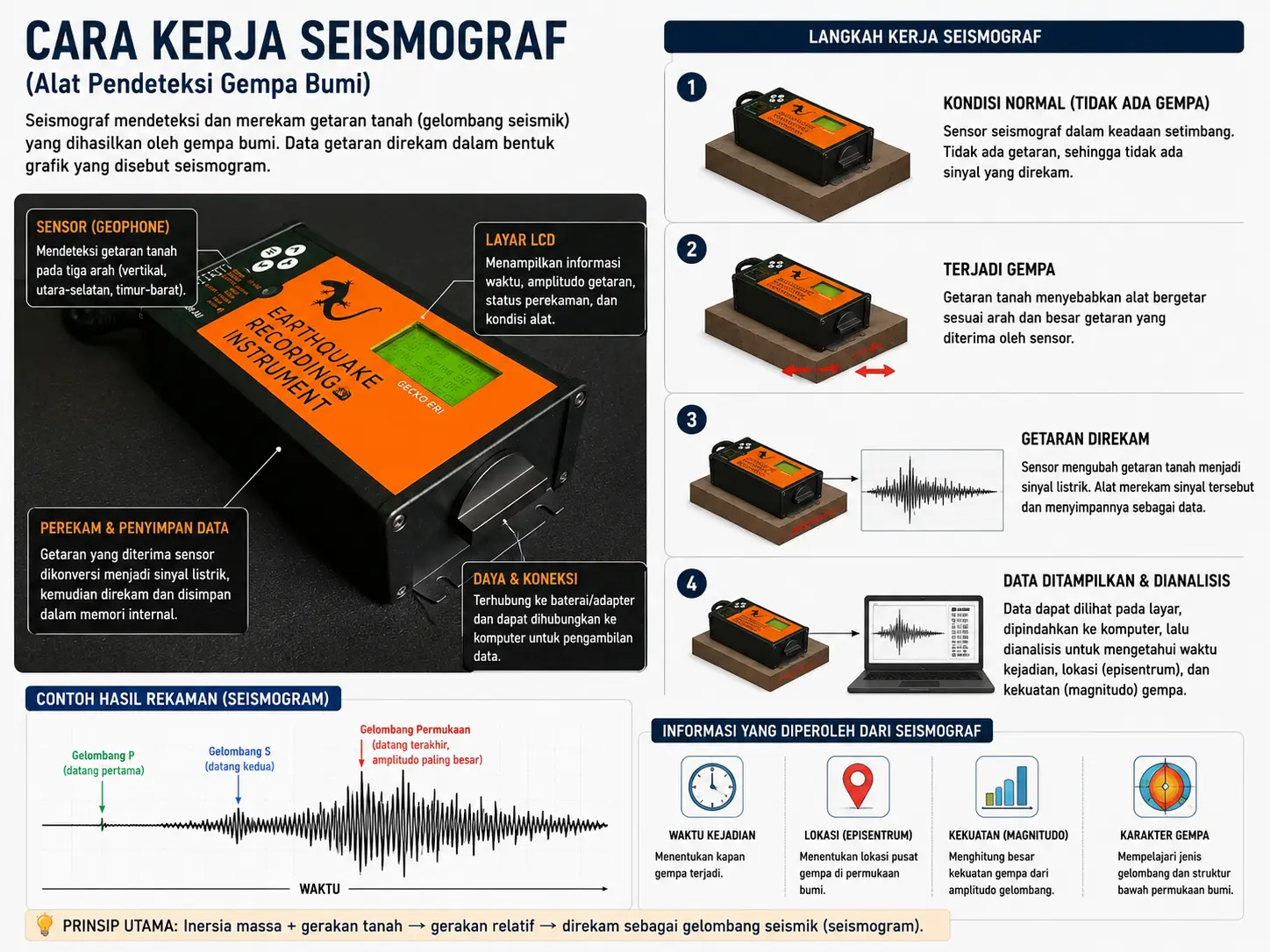 Ilustrasi cara kerja alat pendeteksi gempa seismograf