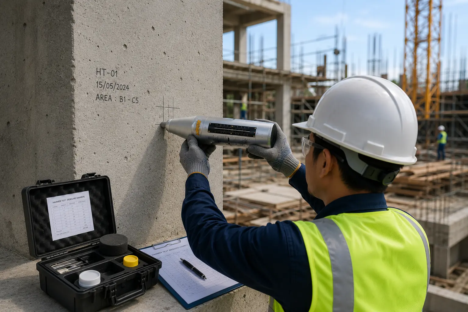 Ilustrasi engineer melakukan uji kualitas beton di lapangan