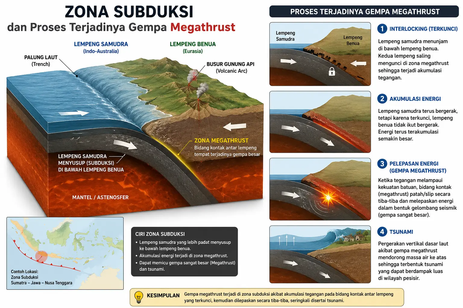 Ilustrasi zona subduksi dan proses terjadinya gempa megathrust