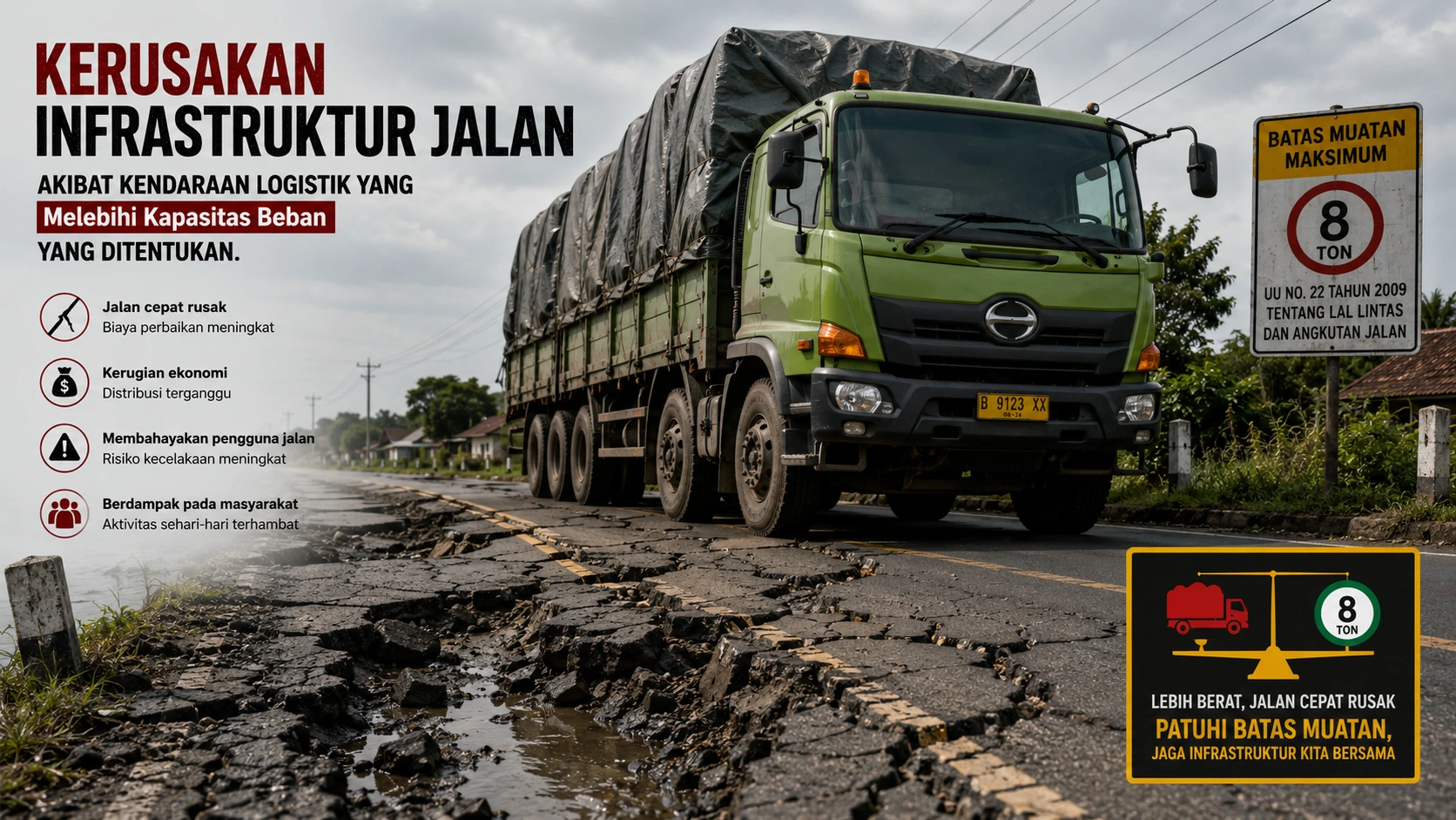 Ilustrasi jalan rusak akibat kendaraan logistik overload