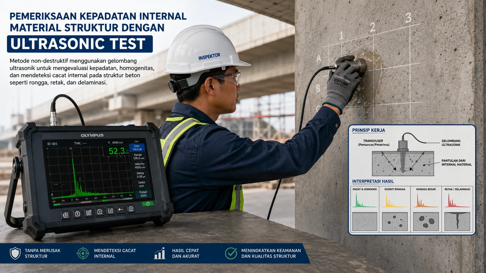 Pemeriksaan kepadatan internal material struktur dengan perangkat ultrasonic test