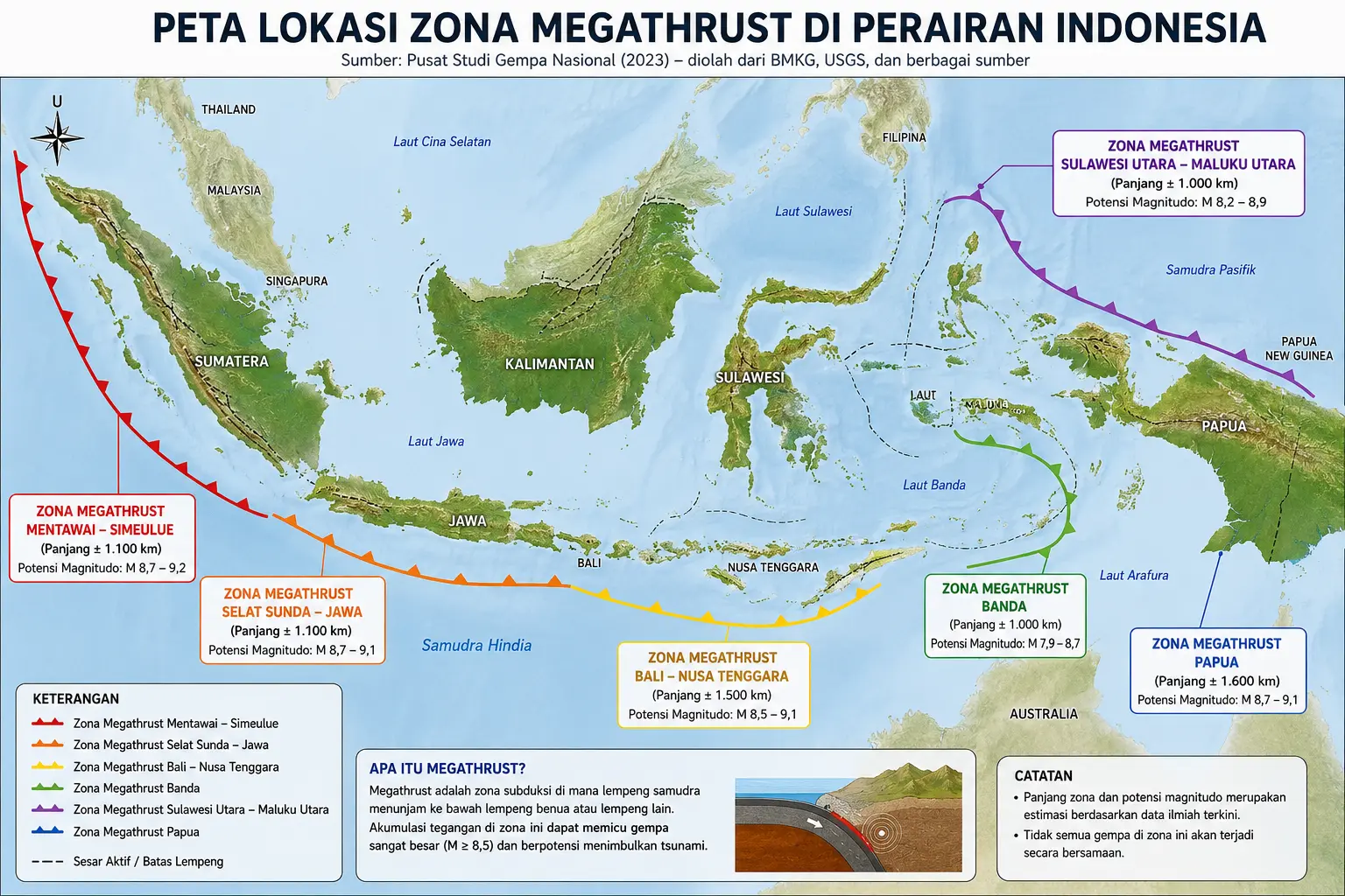 Peta lokasi zona megathrust di perairan Indonesia