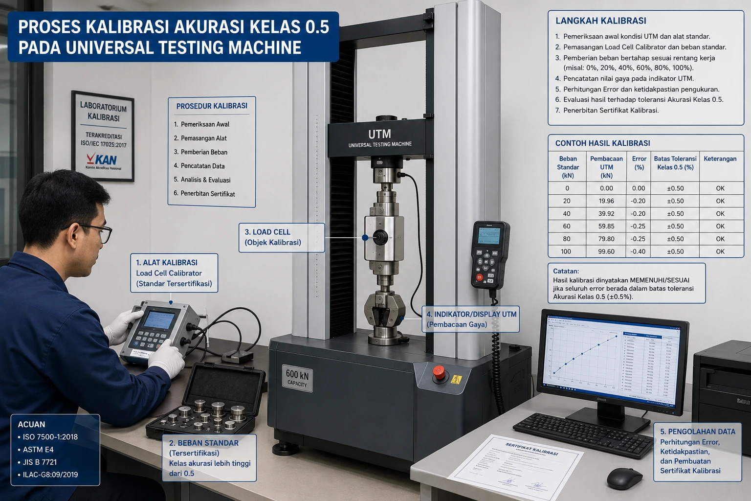 Proses Kalibrasi Akurasi Kelas 0.5 pada Universal Testing Machine