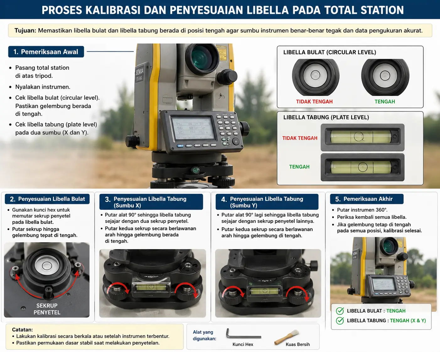 Proses Kalibrasi dan Penyesuaian Libella pada Total Station