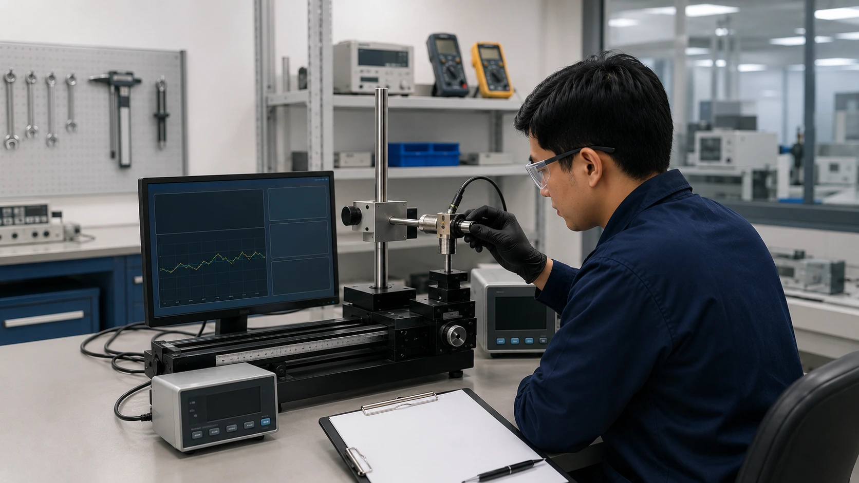 Proses pengujian akurasi proximity sensor di laboratorium kalibrasi