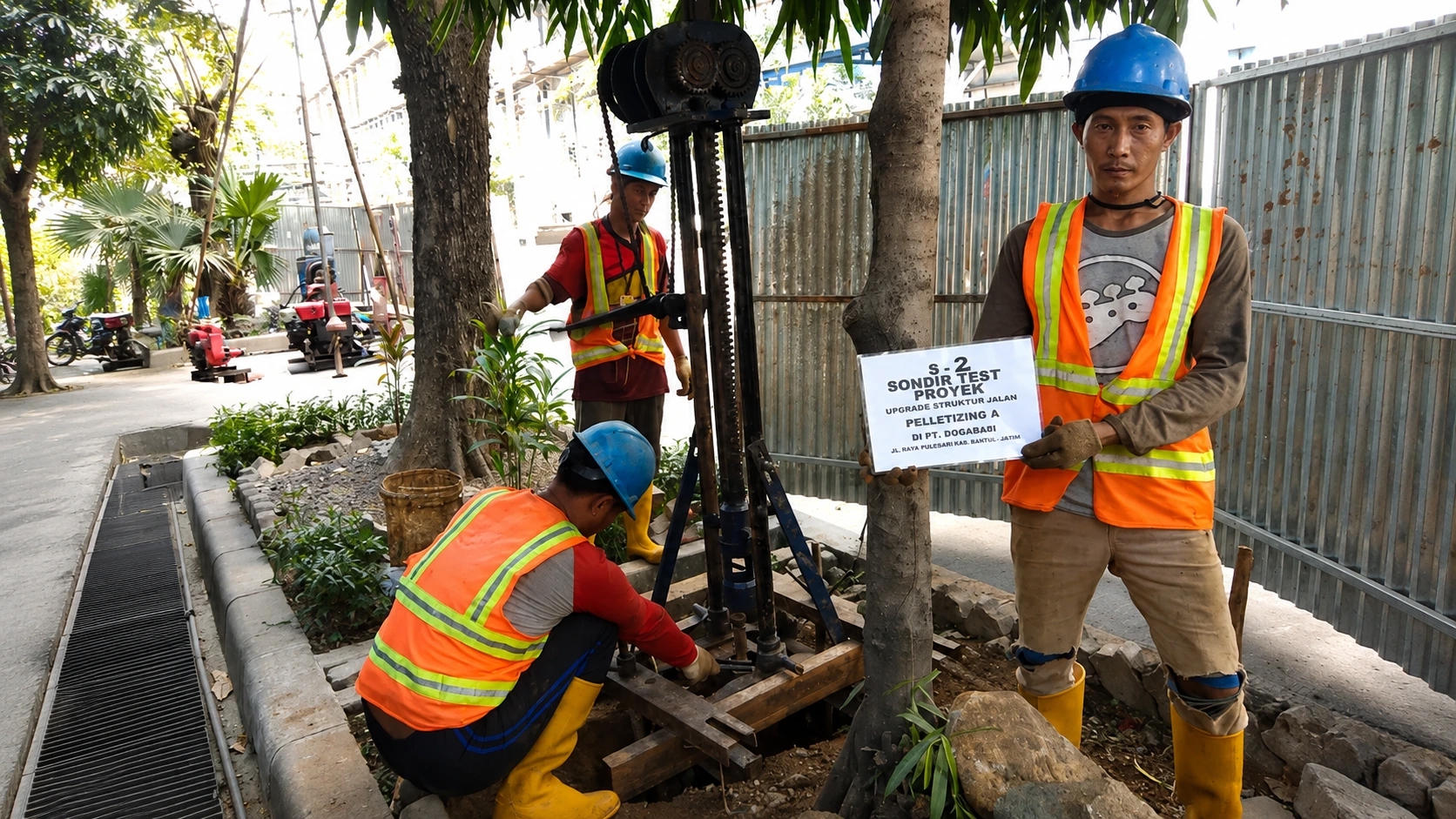 Proses pengujian tanah menggunakan alat sondir di lokasi proyek