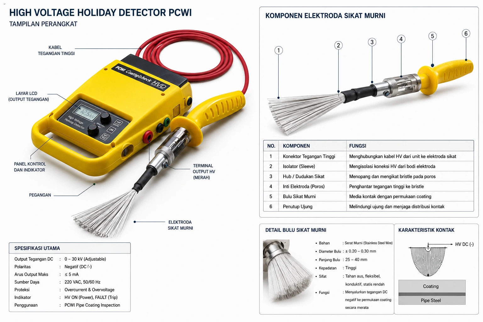 Tampilan perangkat High Voltage Holiday Detector PCWI dan komponen elektroda sikat murni tanpa representasi operator