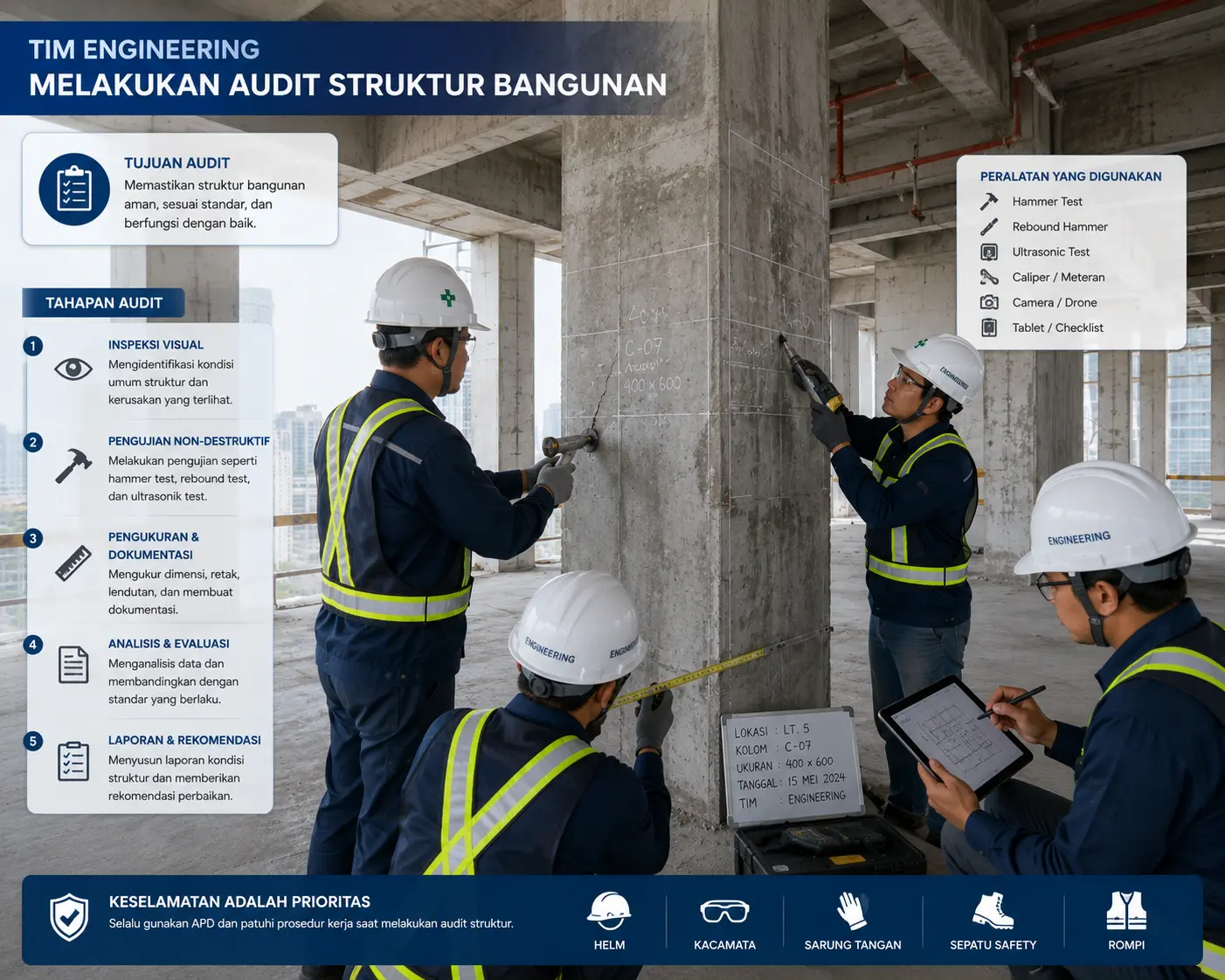 Tim insinyur melakukan audit struktur bangunan